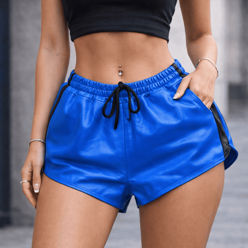 Womens Blue Real Leather Shorts