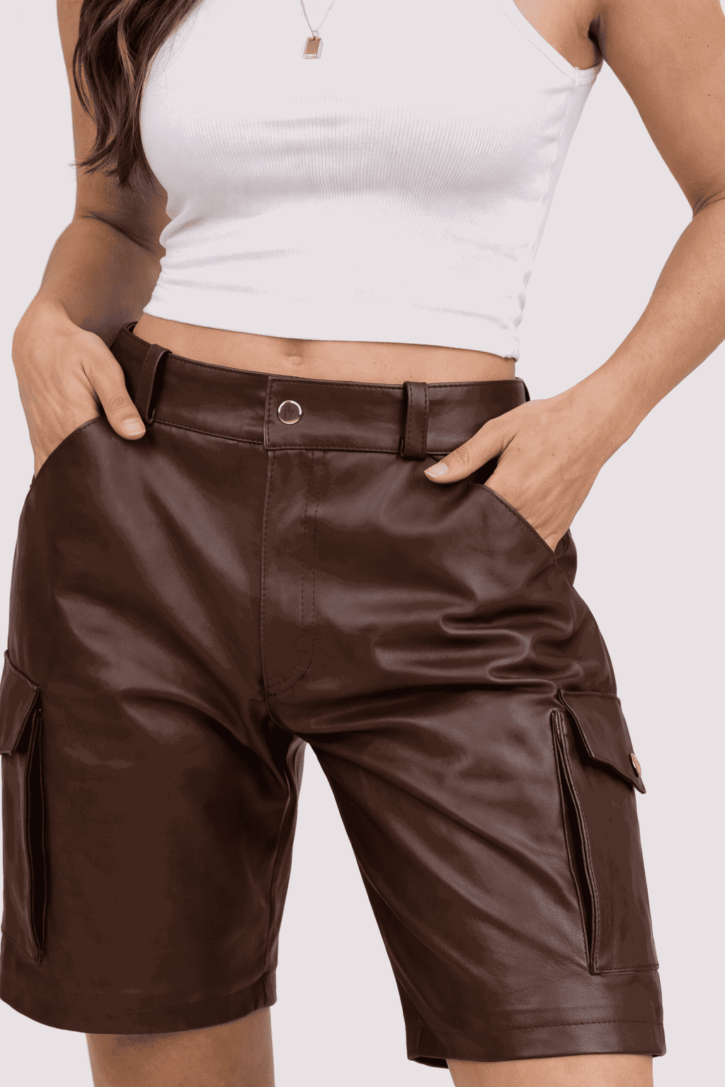Womens Brown Real Leather Cargo Shorts with Side Pockets