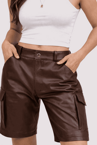 Womens Brown Real Leather Cargo Shorts with Side Pockets
