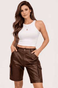 Womens Black Real Leather Cargo Shorts with Side Pockets