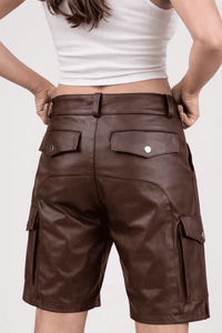 Womens Brown Real Leather Cargo Shorts with Side Pockets