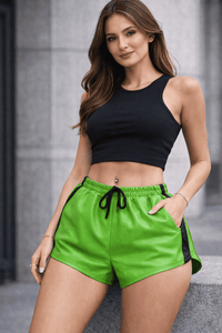 Womens Green Real Leather Shorts