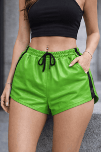Womens Green Real Leather Shorts