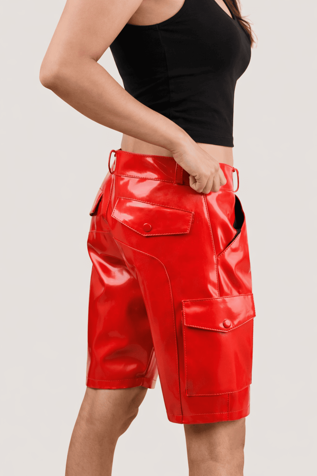 Womens Red PVC Cargo Shorts with Back Pockets