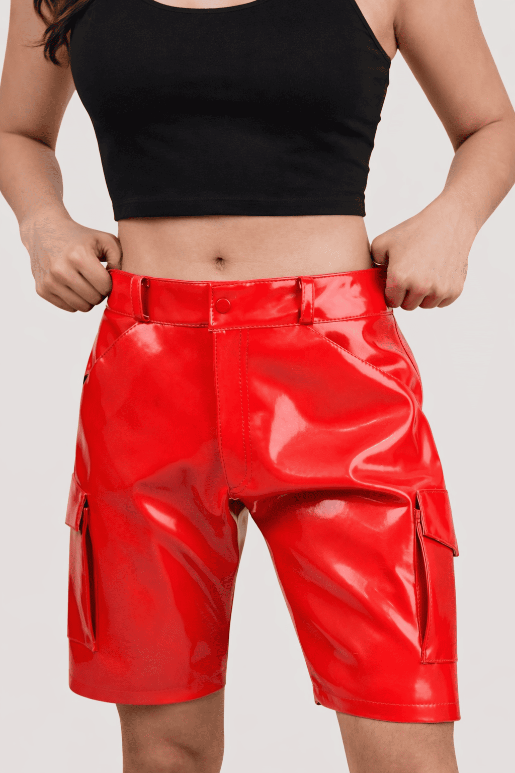 Womens Red PVC Cargo Shorts with Back Pockets