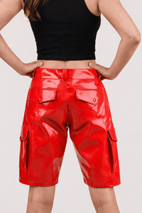 Womens Red PVC Cargo Shorts with Back Pockets