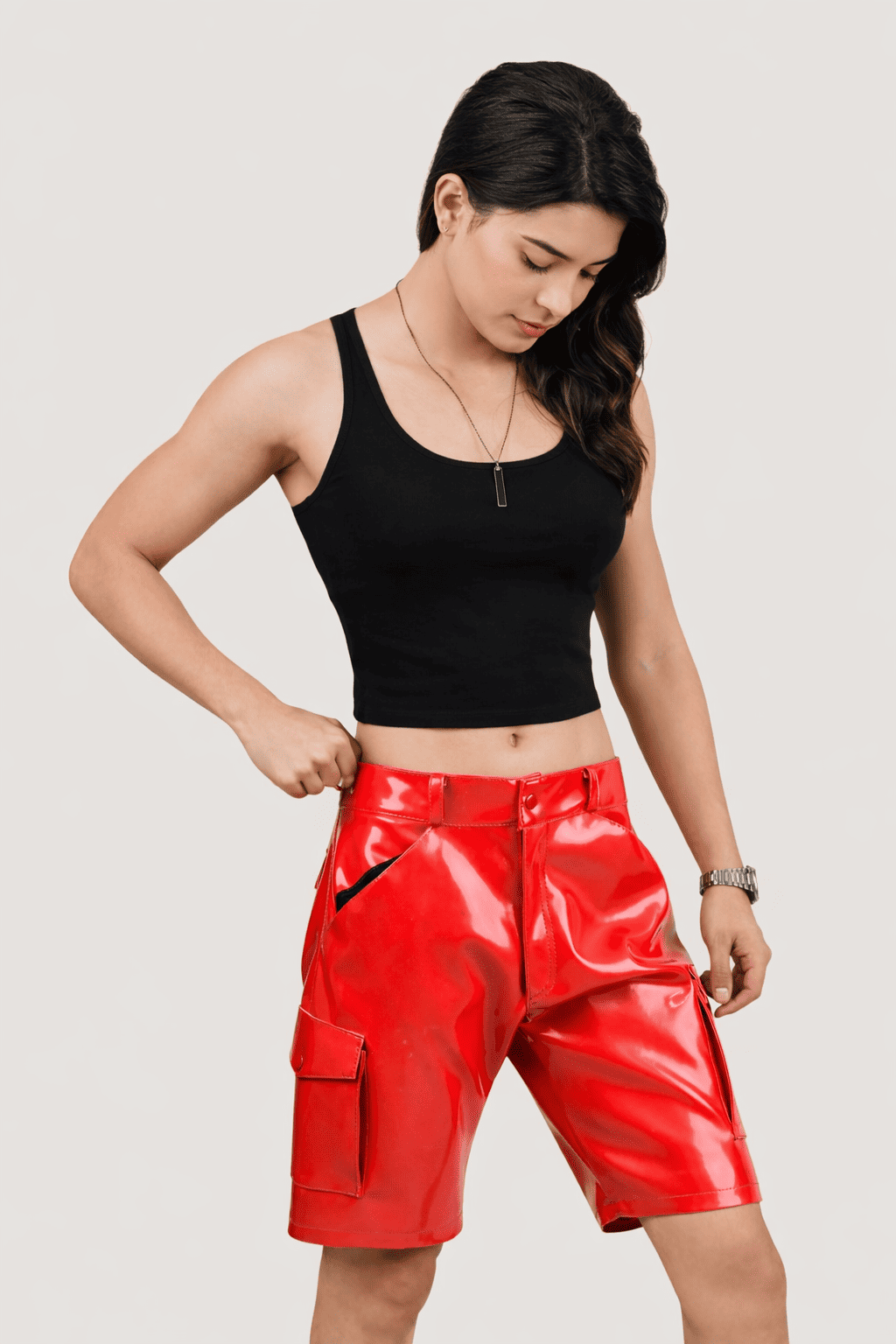 Womens Red PVC Cargo Shorts with Back Pockets
