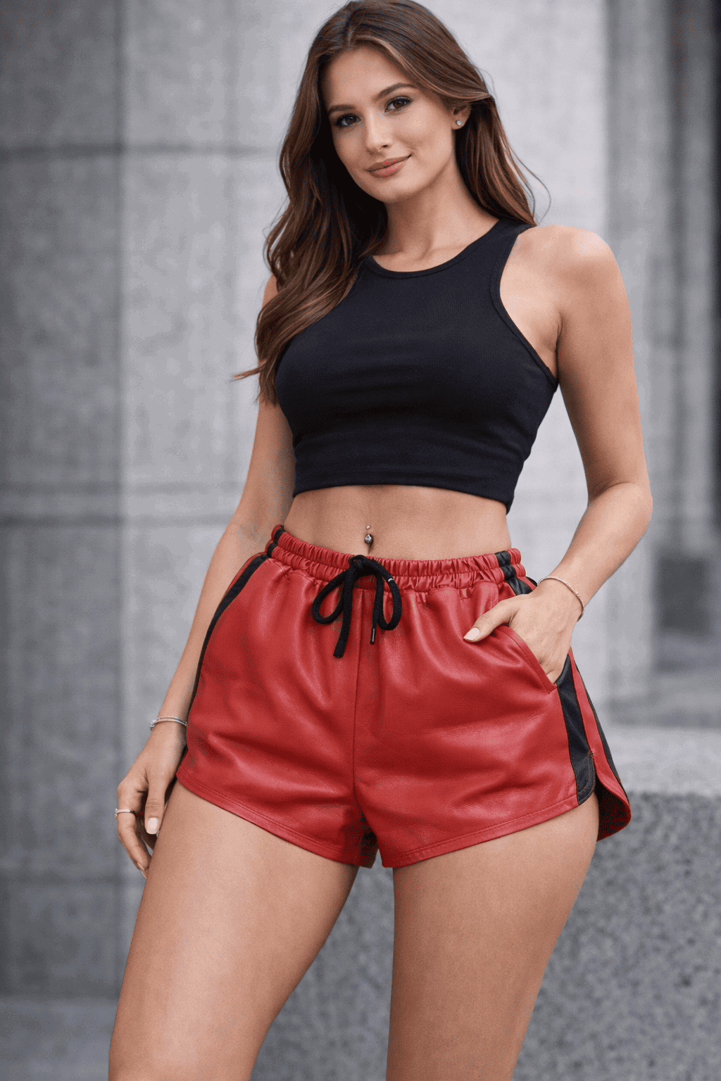 Womens Red Real Leather Shorts