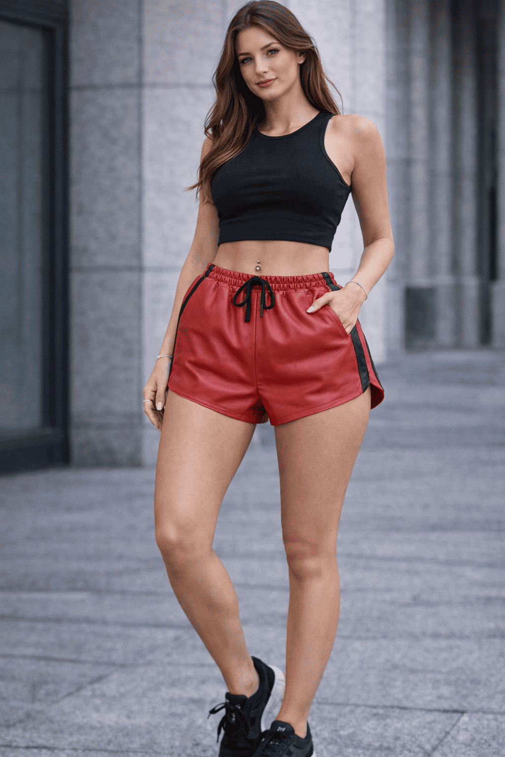 Womens Red Real Leather Shorts