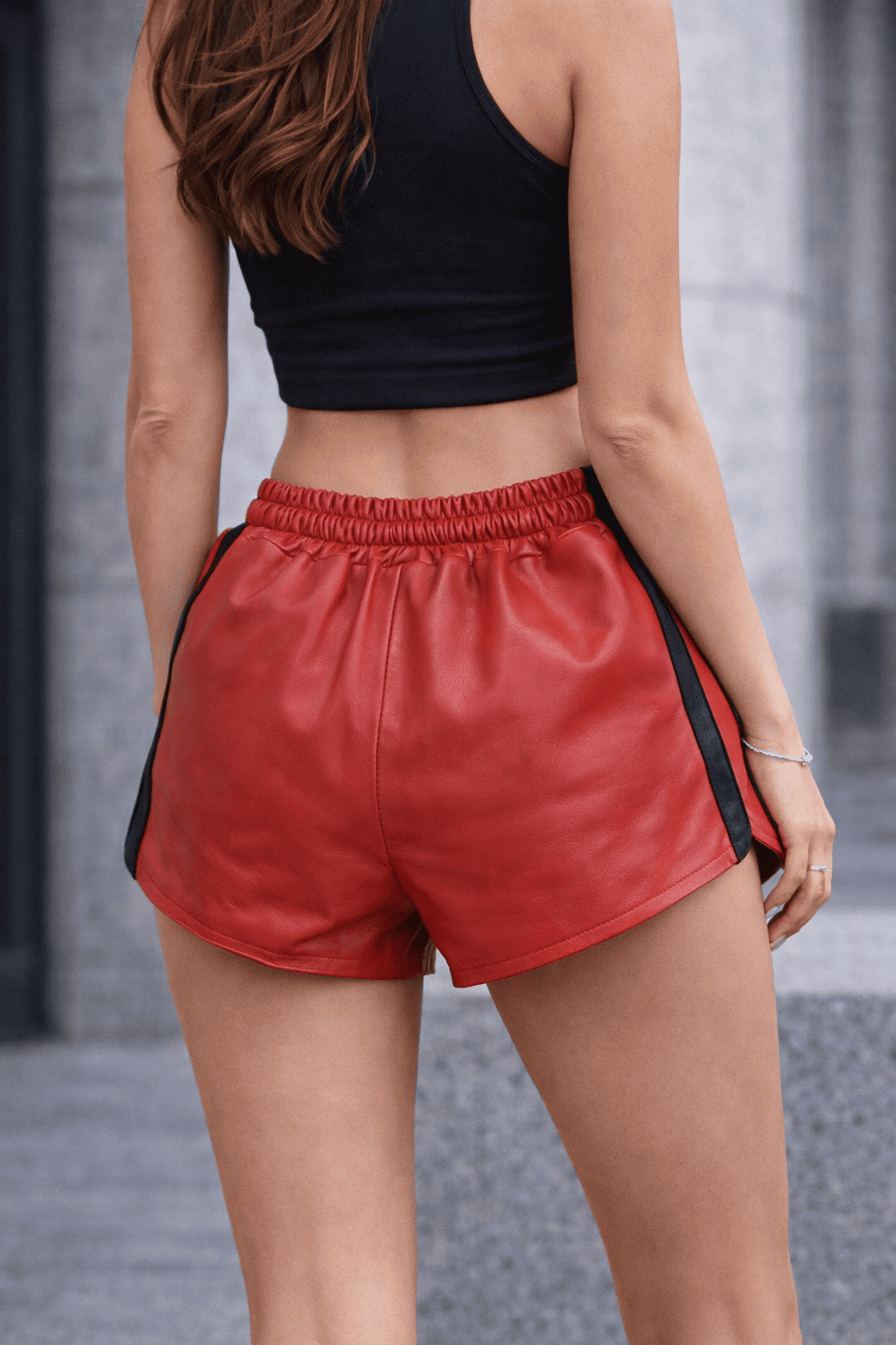 Womens Red Real Leather Shorts
