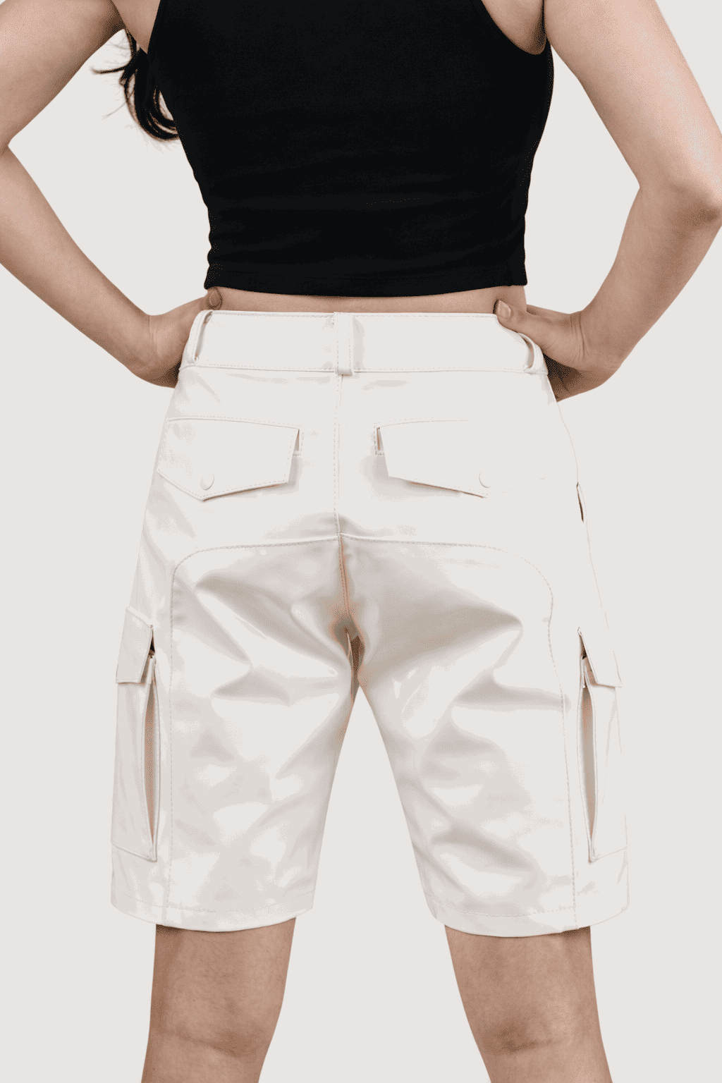 Womens White PVC Cargo Shorts with Back Pockets