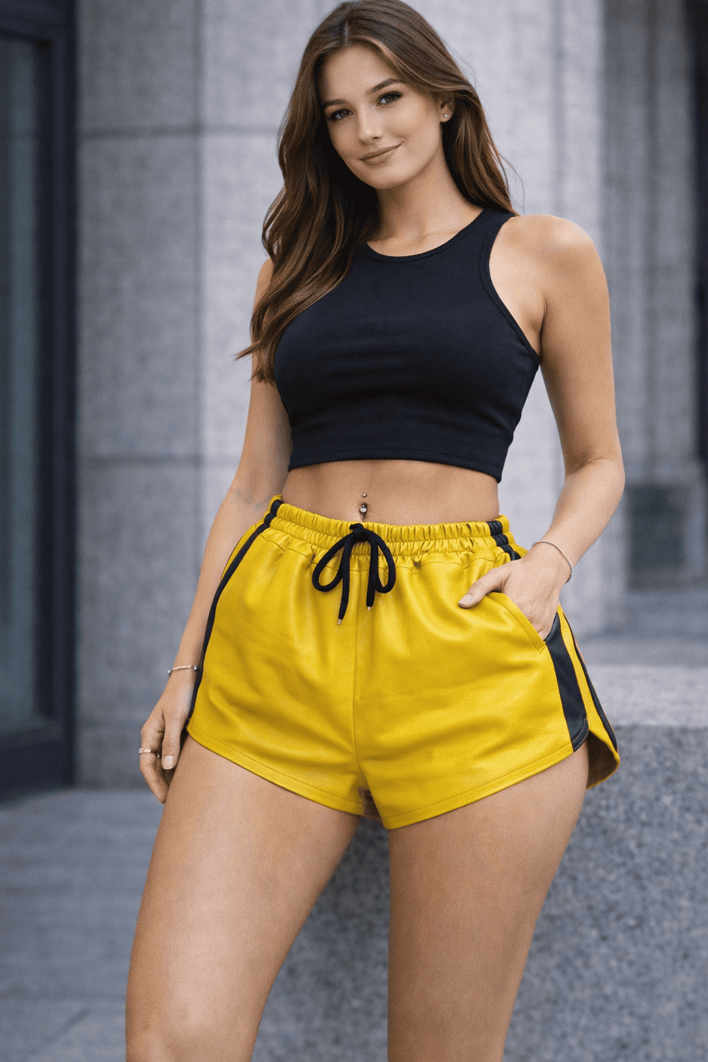 Womens Yellow Real Leather Shorts