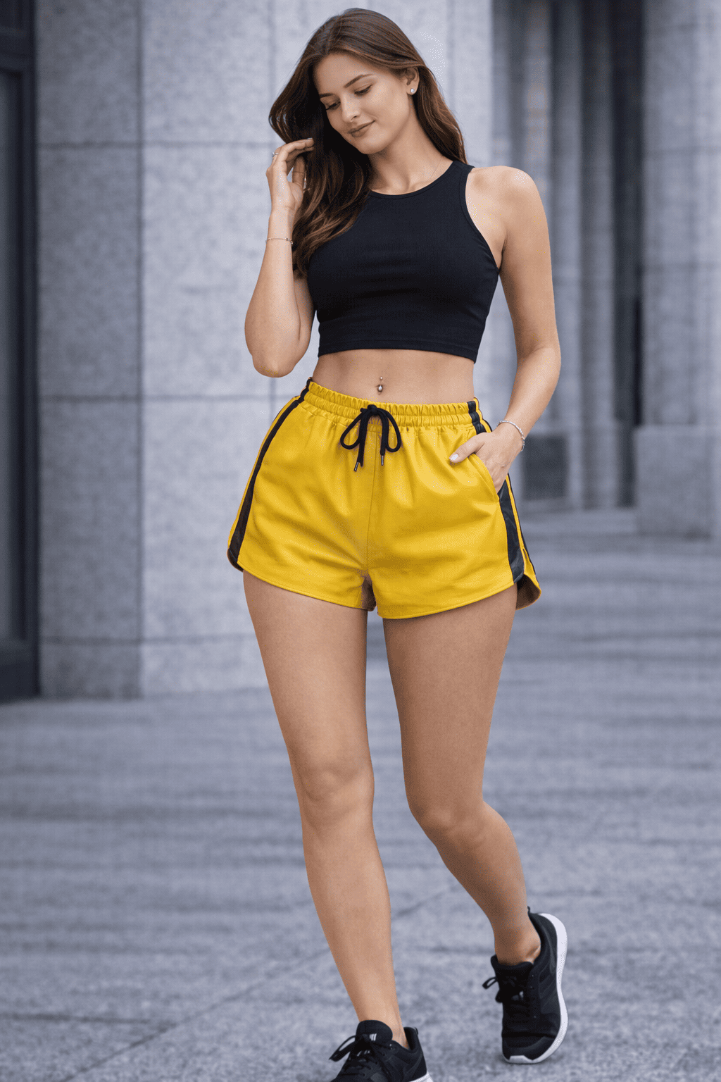 Womens Yellow Real Leather Shorts
