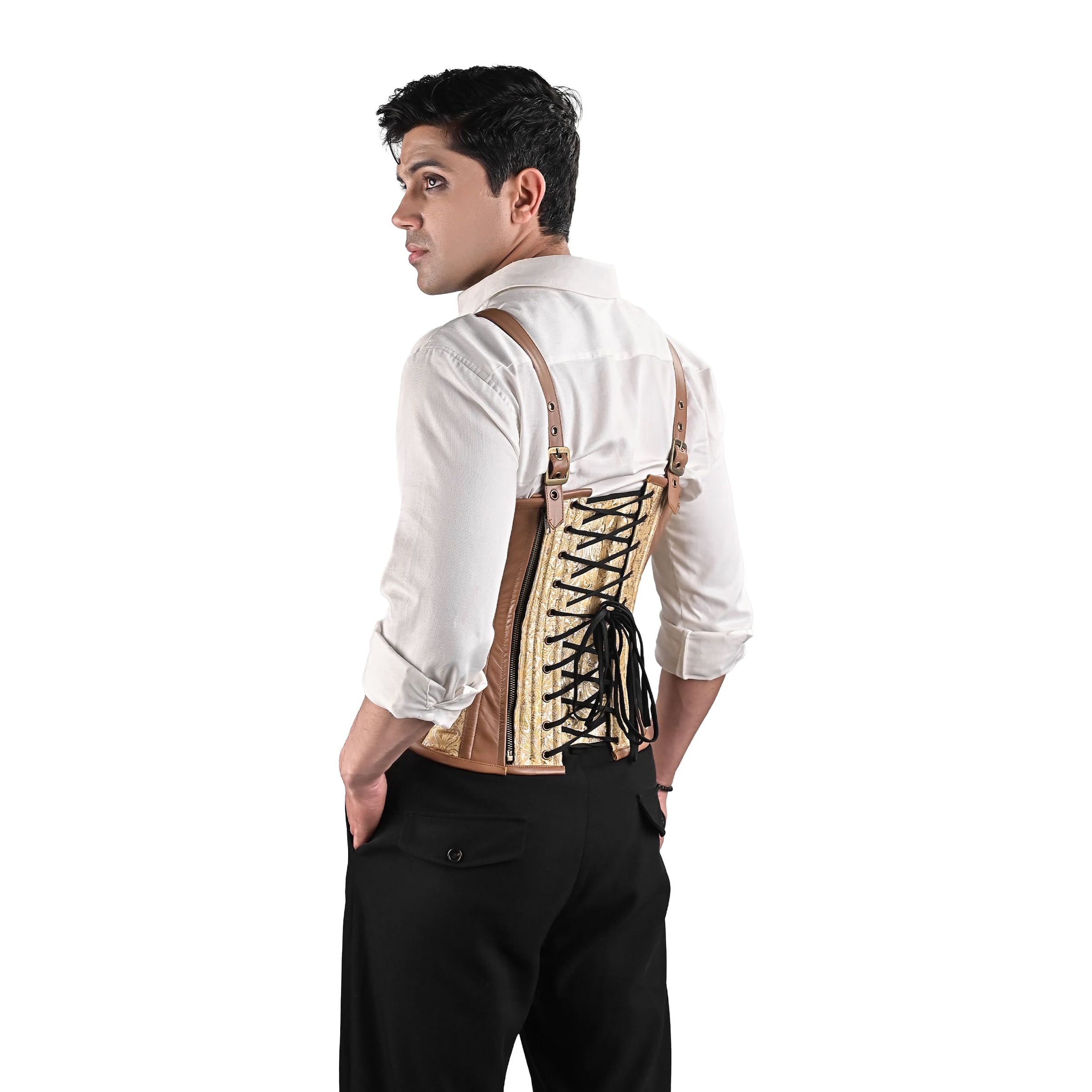 Gold Brocade Mens Corset with Leather Harness