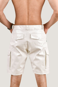 Men's White PVC Cargo Shorts – Shiny Vinyl Look with Back Pockets