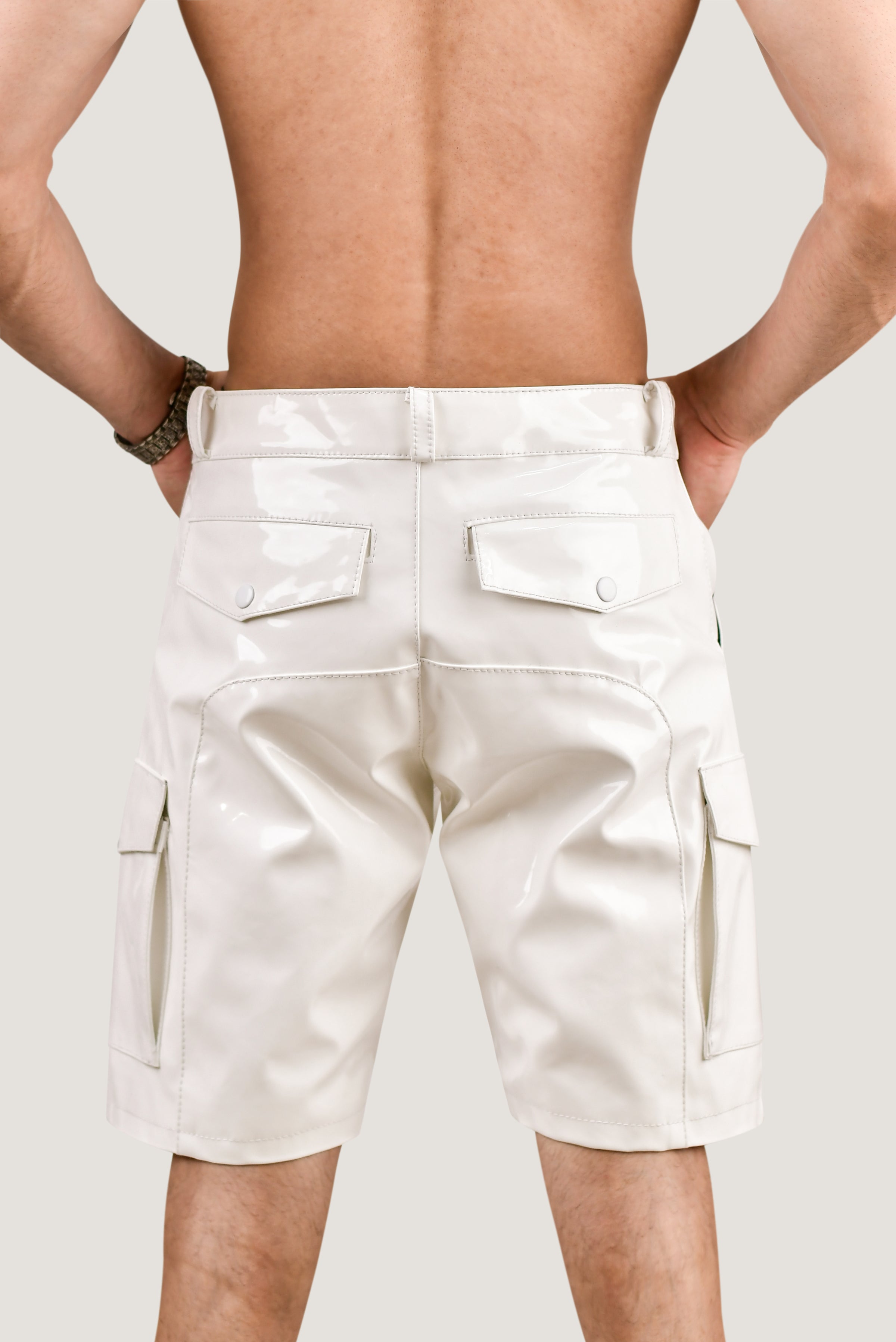 Men's White PVC Cargo Shorts – Shiny Vinyl Look with Back Pockets