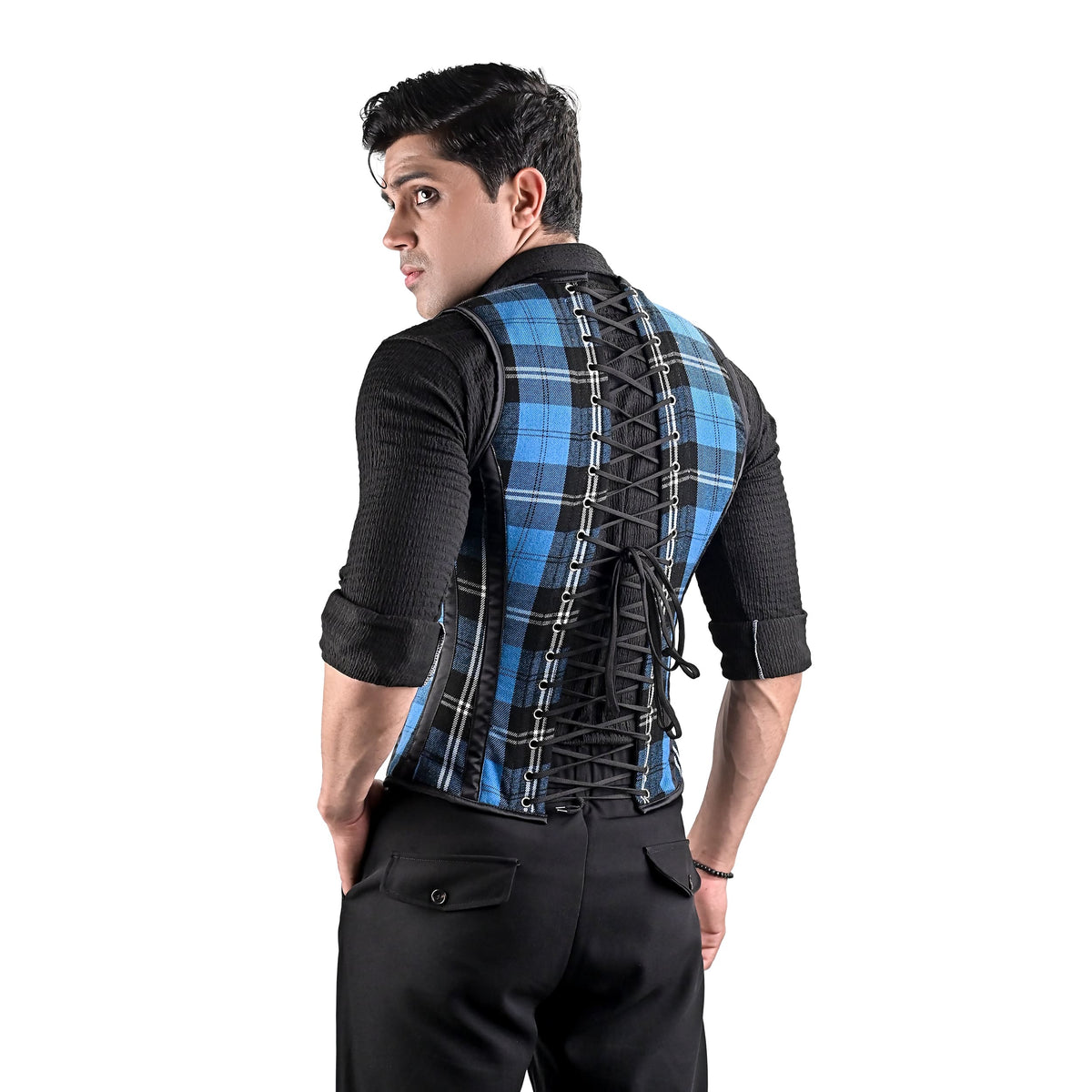 Mens Blue Tartan Corset Vest