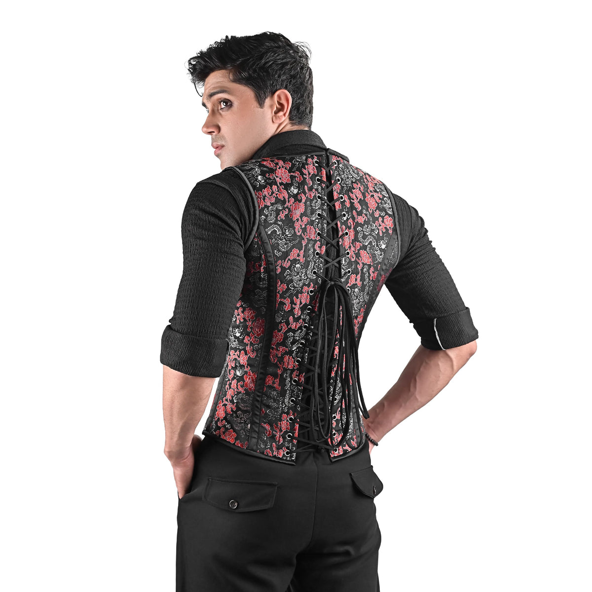 Mens Black & Red Brocade Corset Vest with Heart