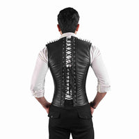 Black Leather Mens Corset Vest with Spiked Shoulders