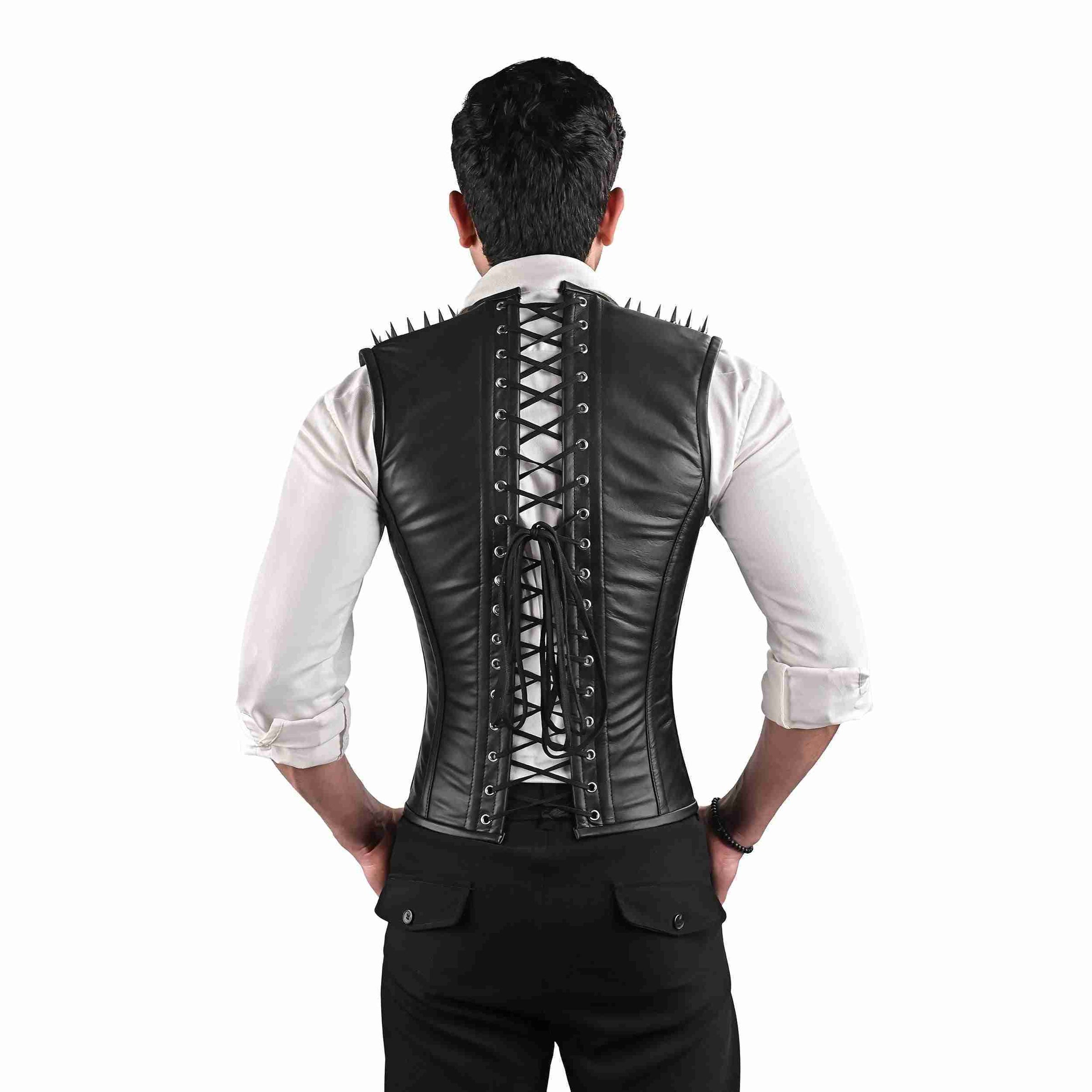 Black Leather Mens Corset Vest with Spiked Shoulders