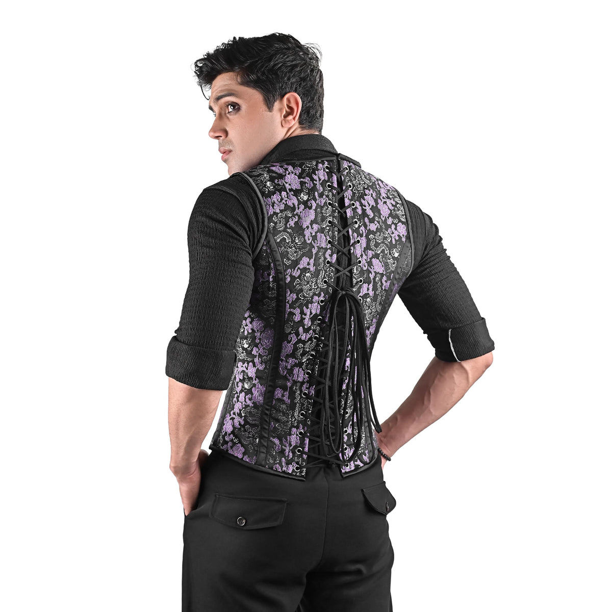 Mens Black & Purple Brocade Corset Vest with Silver Heart