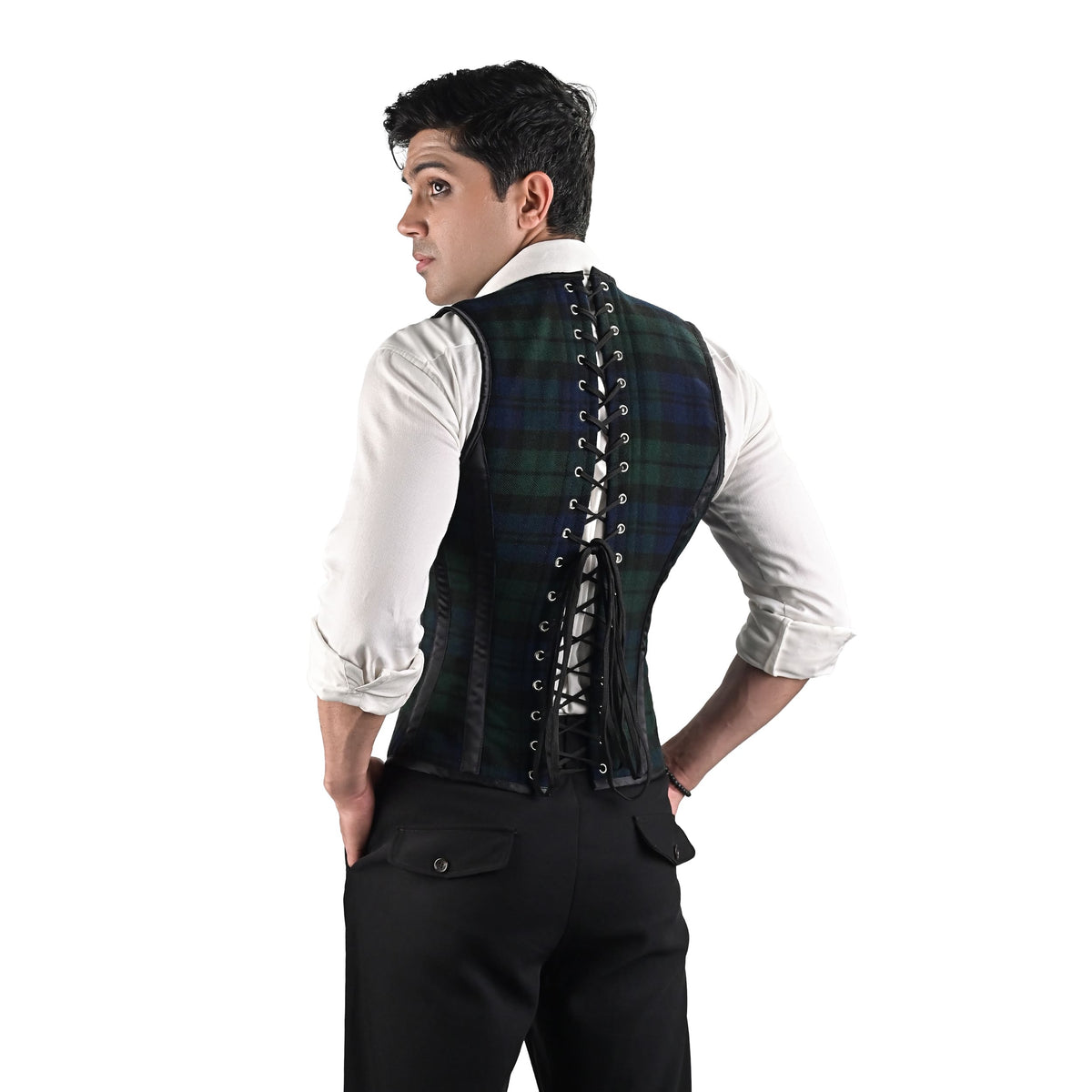 Mens Green & Blue Tartan Corset Vest