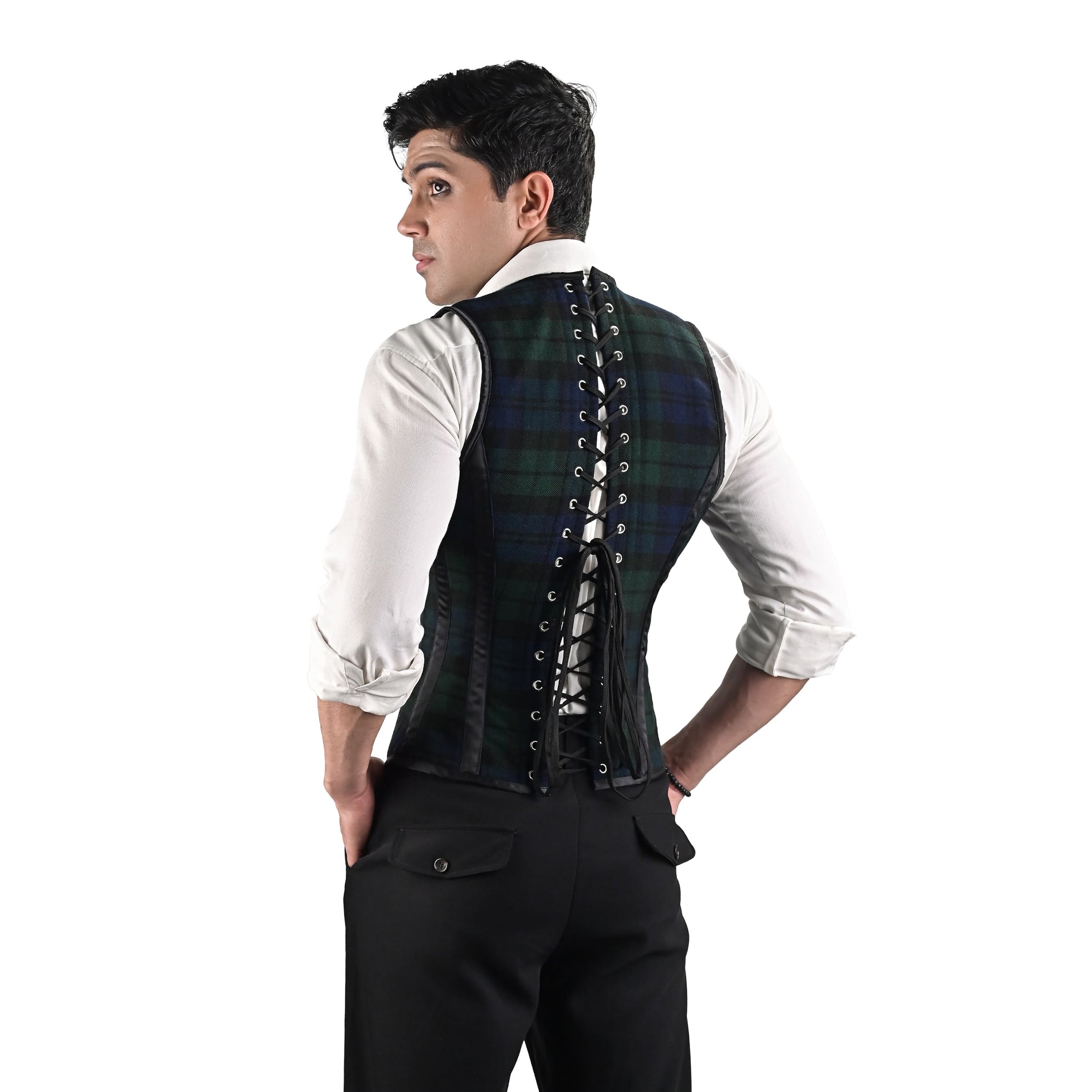 Mens Green & Blue Tartan Corset Vest