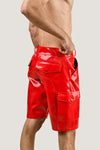 Men's Red PVC Cargo Shorts – Shiny Vinyl Finish with Back Pockets