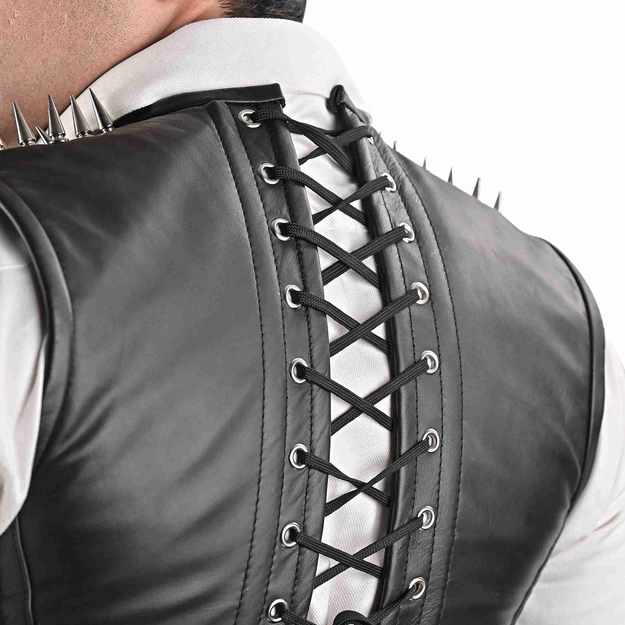 Black Leather Mens Corset Vest with Spiked Shoulders