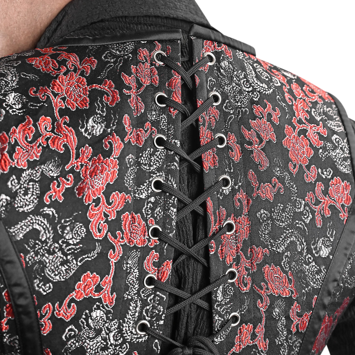 Mens Black & Red Brocade Corset Vest with Heart