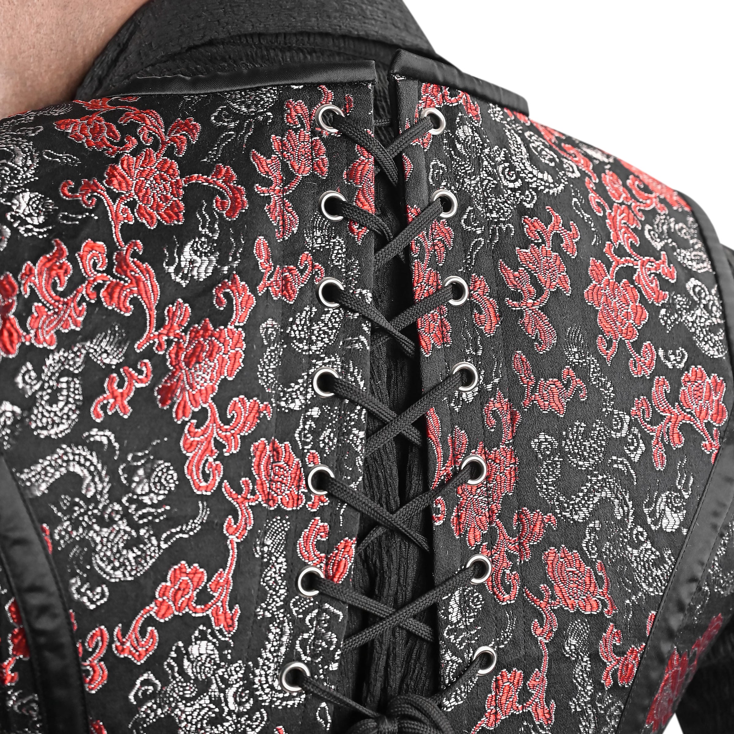Mens Black & Red Brocade Corset Vest with Heart