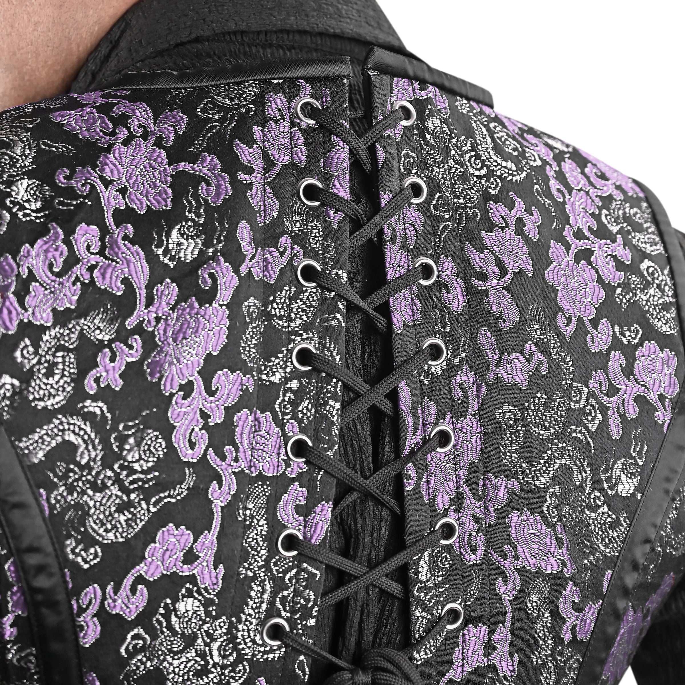 Mens Black & Purple Brocade Corset Vest with Silver Heart