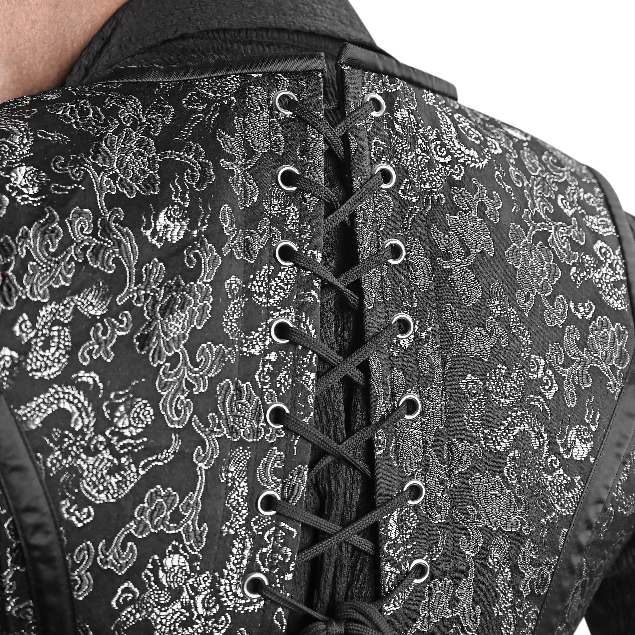 Mens Gothic Black Brocade Corset Vest with Silver Heart Detail