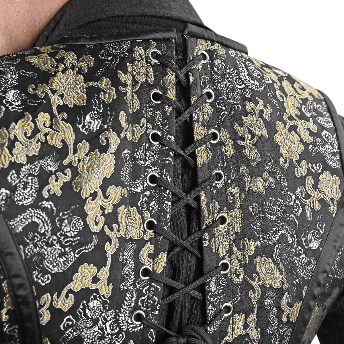Mens Black & Gold Brocade Corset Vest with Heart Design