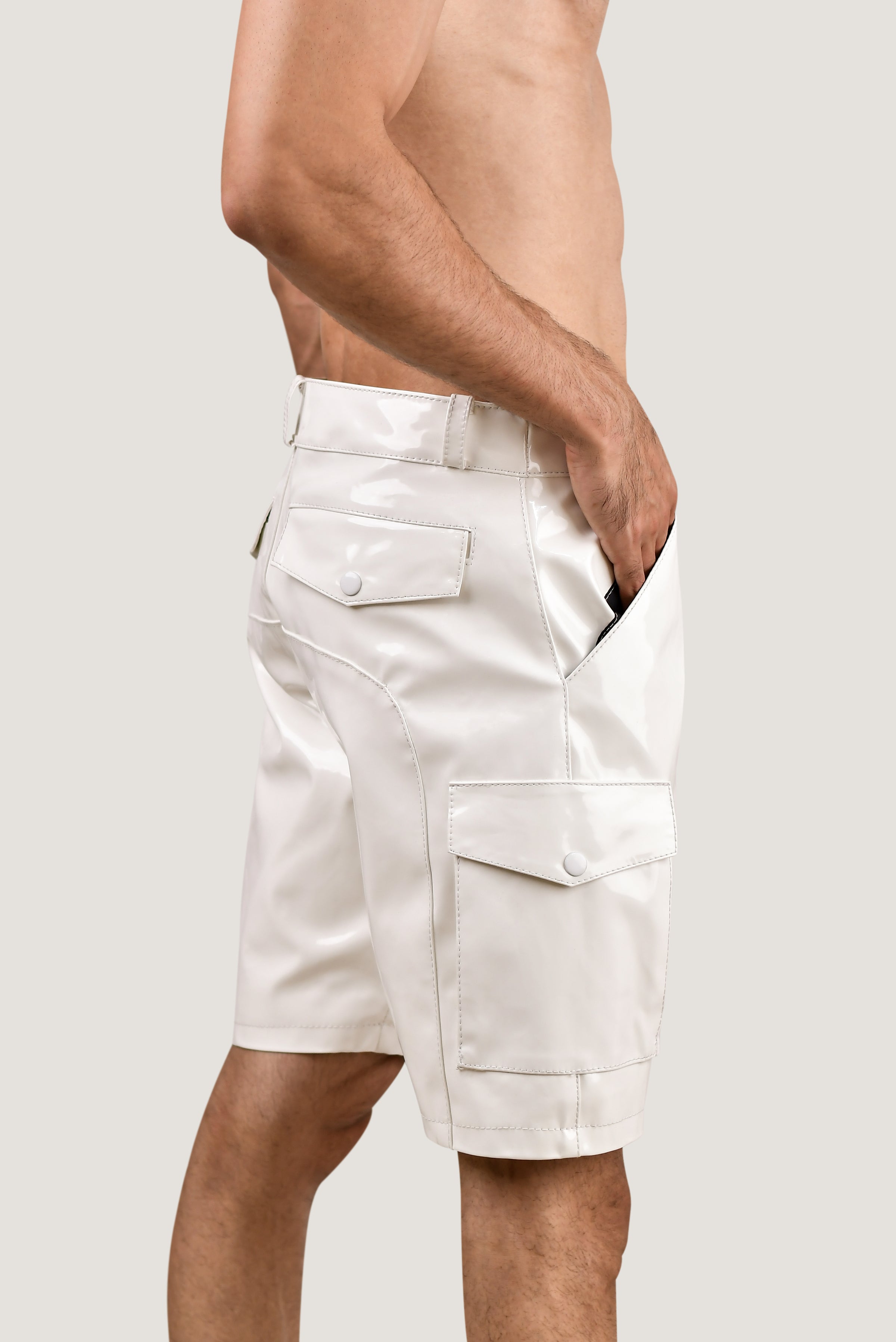 Men's White PVC Cargo Shorts – Shiny Vinyl Look with Back Pockets