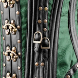 Green Brocade Under bust Corset with Black Leather Details