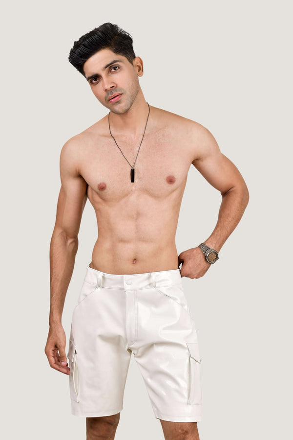 Men's White PVC Cargo Shorts – Shiny Vinyl Look with Back Pockets