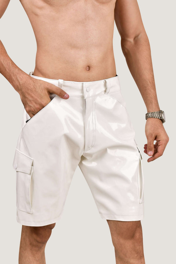 Men's White PVC Cargo Shorts – Shiny Vinyl Look with Back Pockets