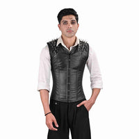 Black Leather Mens Corset Vest with Spiked Shoulders