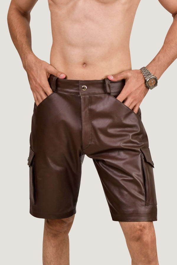Men's Brown Real Leather Cargo Shorts – Premium Handcrafted Fit with Side Pockets