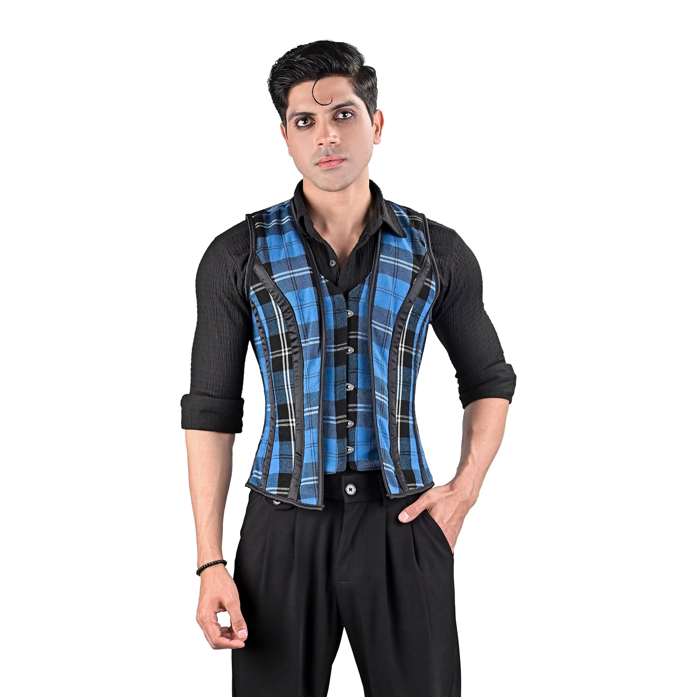 Mens Blue Tartan Corset Vest