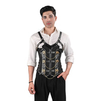 Black Pinstripe Mens Corset Vest with Leather Harness