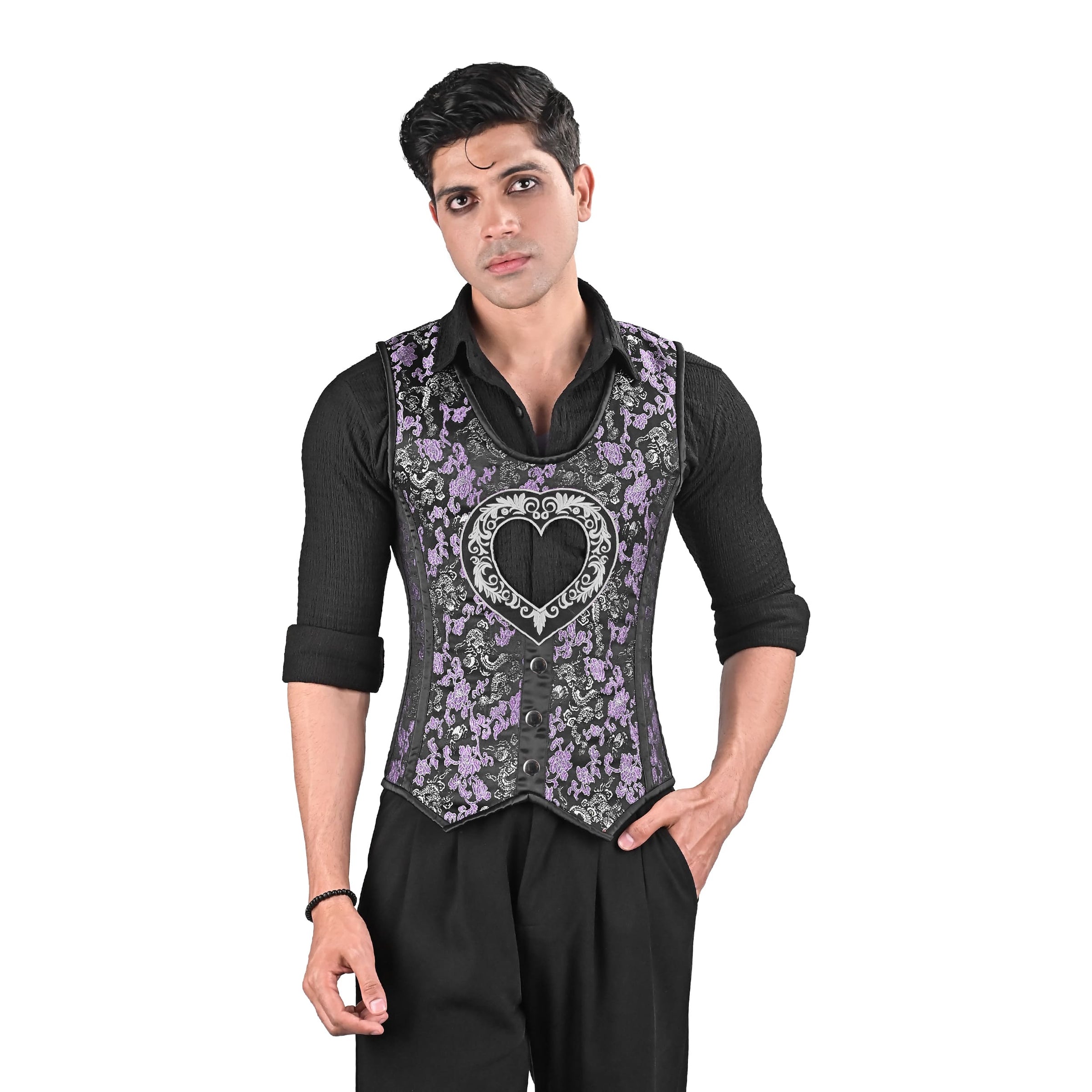 Mens Black & Purple Brocade Corset Vest with Silver Heart