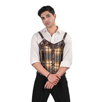 Brown Tartan Mens Corset Vest with Leather Harness