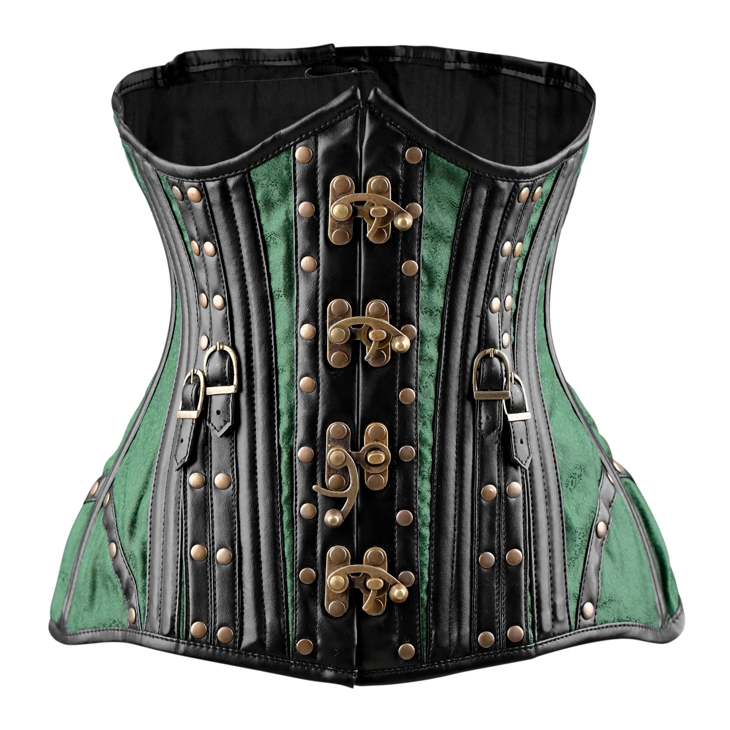 Green Brocade Under bust Corset with Black Leather Details – Miss