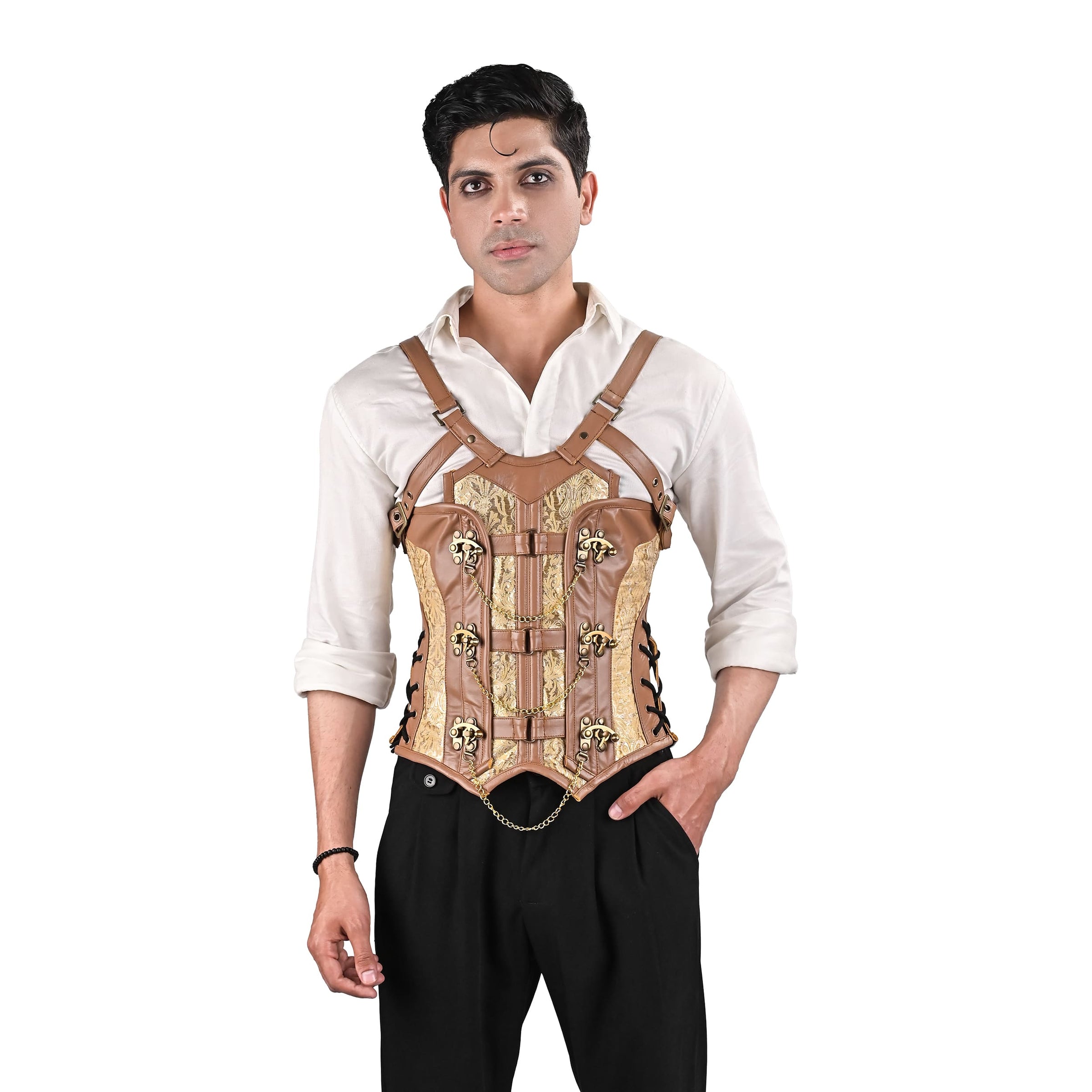 Gold Brocade Mens Corset with Leather Harness