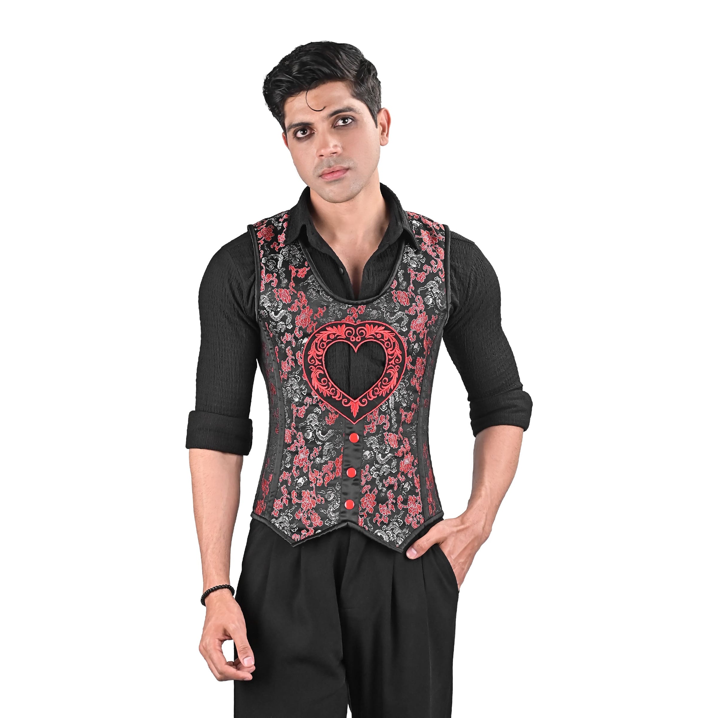 Mens Black & Red Brocade Corset Vest with Heart