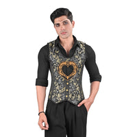 Mens Black & Gold Brocade Corset Vest with Heart Design