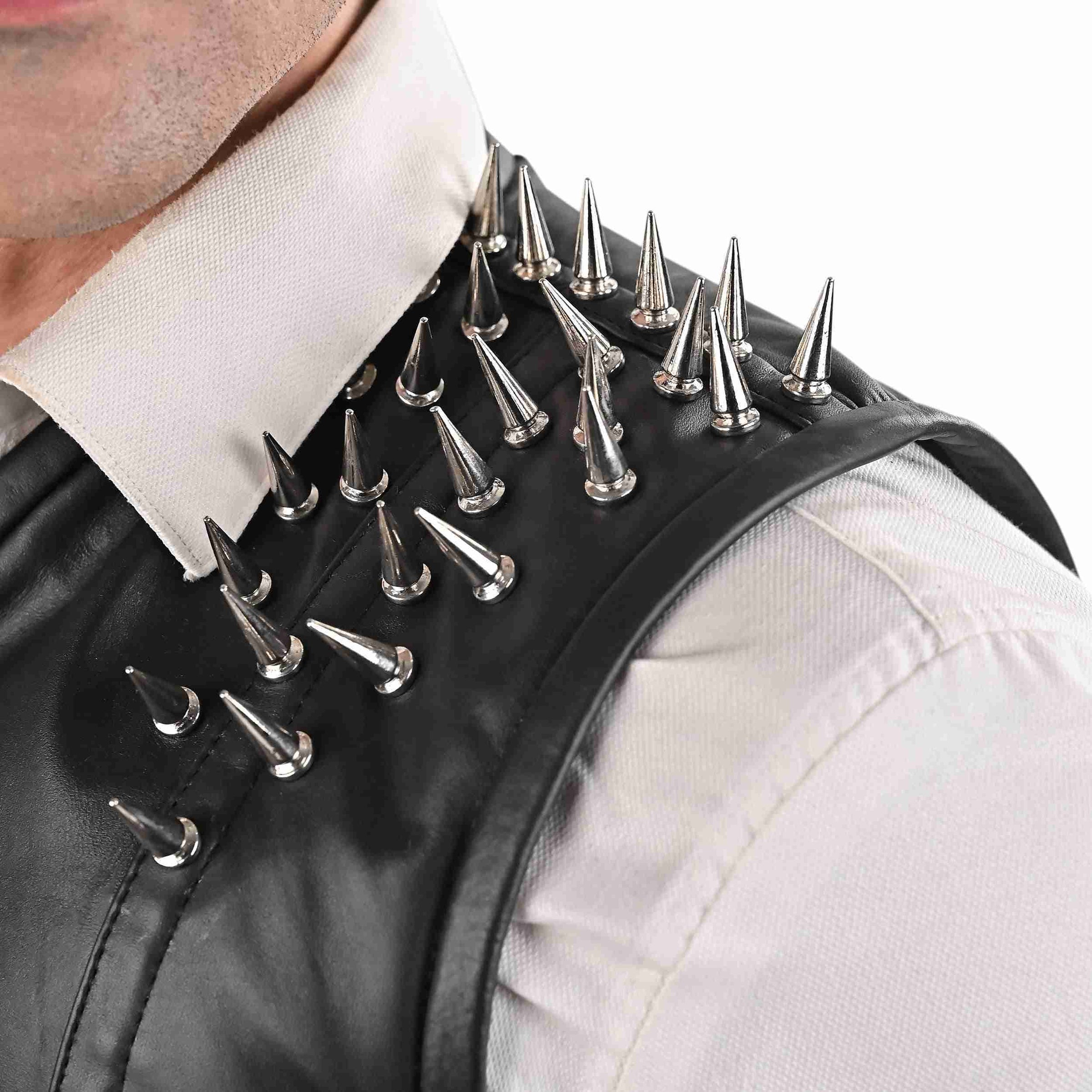 Black Leather Mens Corset Vest with Spiked Shoulders