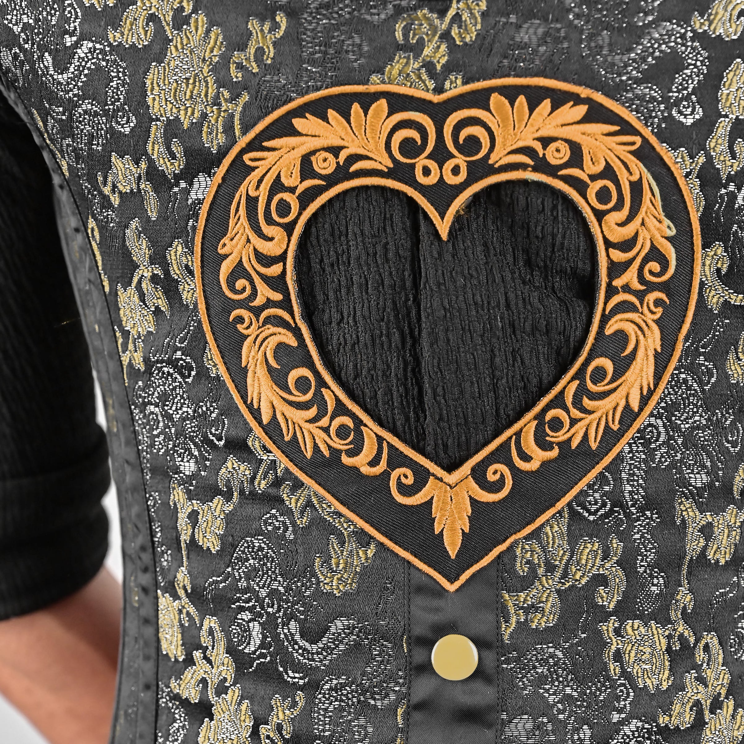 Mens Black & Gold Brocade Corset Vest with Heart Design